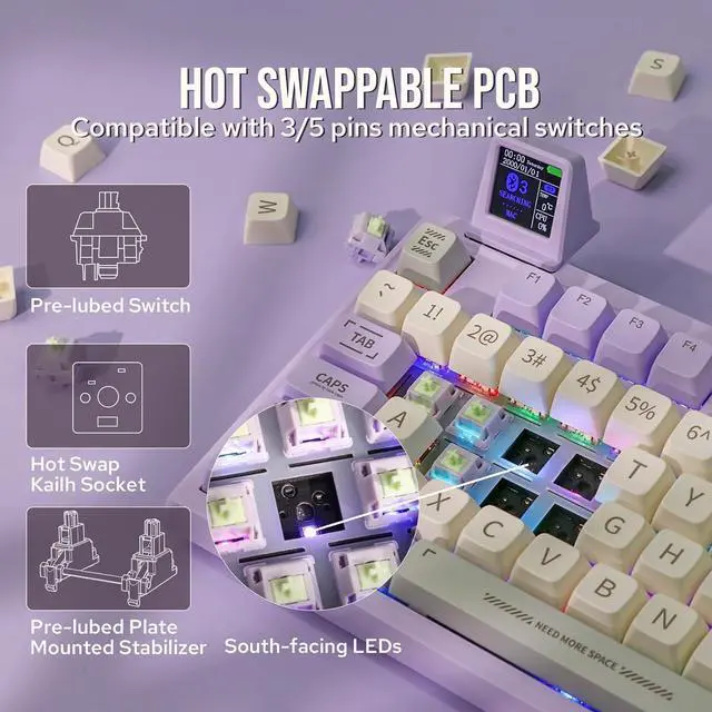 Alt view image 5 of 7 - EPOMAKER RT100 97 Keys Gasket BT5.0/2.4G/USB-C Mechanical Keyboard with Customizable Display Screen, Knob, Hot Swappable Socket, 5000mAh Battery for Win/Mac (RT100 Purple, Gateron Pro Yellow)