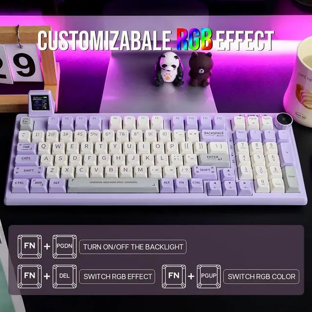 Alt view image 6 of 7 - EPOMAKER RT100 97 Keys Gasket BT5.0/2.4G/USB-C Mechanical Keyboard with Customizable Display Screen, Knob, Hot Swappable Socket, 5000mAh Battery for Win/Mac (RT100 Purple, Gateron Pro Yellow)