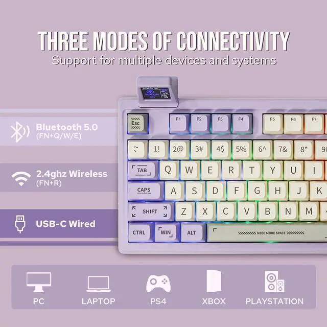 Alt view image 3 of 7 - EPOMAKER RT100 97 Keys Gasket BT5.0/2.4G/USB-C Mechanical Keyboard with Customizable Display Screen, Knob, Hot Swappable Socket, 5000mAh Battery for Win/Mac (RT100 Purple, Gateron Pro Yellow)