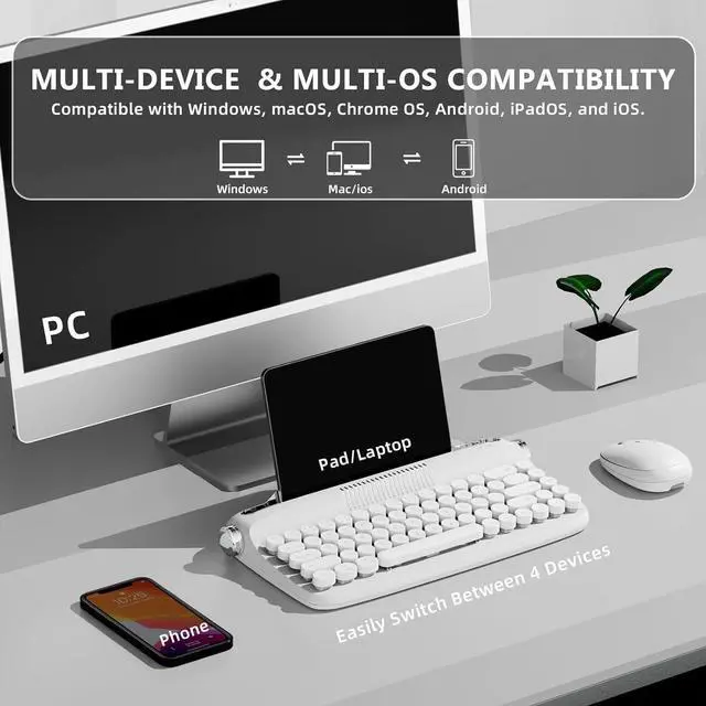 Alt view image 3 of 7 - YUNZII Upgraded Wireless Typewriter Keyboard, Retro Aesthetic with Integrated Stand,Cute Round Keycaps, USB-C/Bluetooth Connection for Table, Phone, PC and Win/Mac/Android (B307, Snow White)