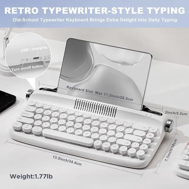 Alt view image 2 of 7 - YUNZII Upgraded Wireless Typewriter Keyboard, Retro Aesthetic with Integrated Stand,Cute Round Keycaps, USB-C/Bluetooth Connection for Table, Phone, PC and Win/Mac/Android (B307, Snow White)