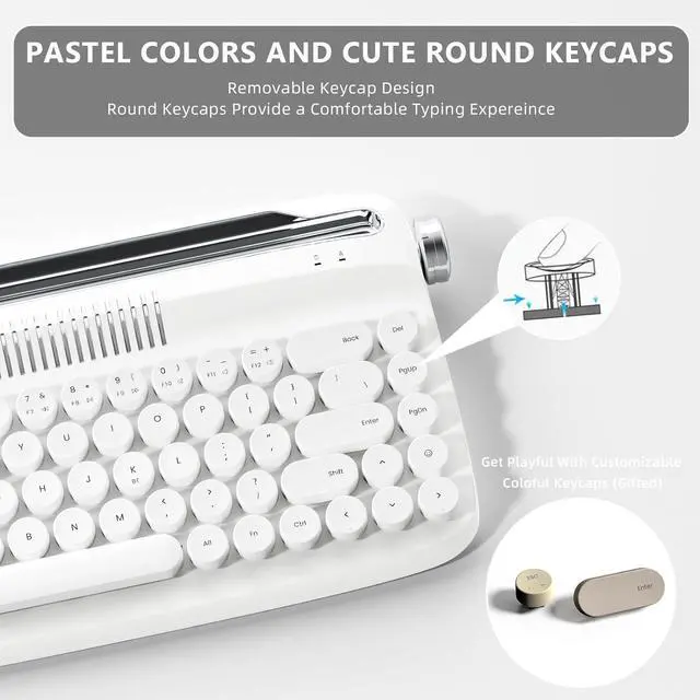 Alt view image 4 of 7 - YUNZII Upgraded Wireless Typewriter Keyboard, Retro Aesthetic with Integrated Stand,Cute Round Keycaps, USB-C/Bluetooth Connection for Table, Phone, PC and Win/Mac/Android (B307, Snow White)