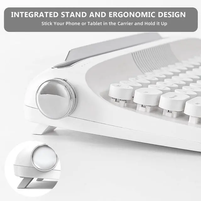 Alt view image 5 of 7 - YUNZII Upgraded Wireless Typewriter Keyboard, Retro Aesthetic with Integrated Stand,Cute Round Keycaps, USB-C/Bluetooth Connection for Table, Phone, PC and Win/Mac/Android (B307, Snow White)