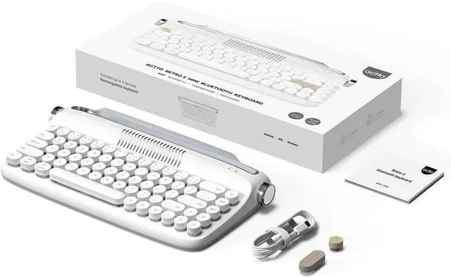 Alt view image 7 of 7 - YUNZII Upgraded Wireless Typewriter Keyboard, Retro Aesthetic with Integrated Stand,Cute Round Keycaps, USB-C/Bluetooth Connection for Table, Phone, PC and Win/Mac/Android (B307, Snow White)