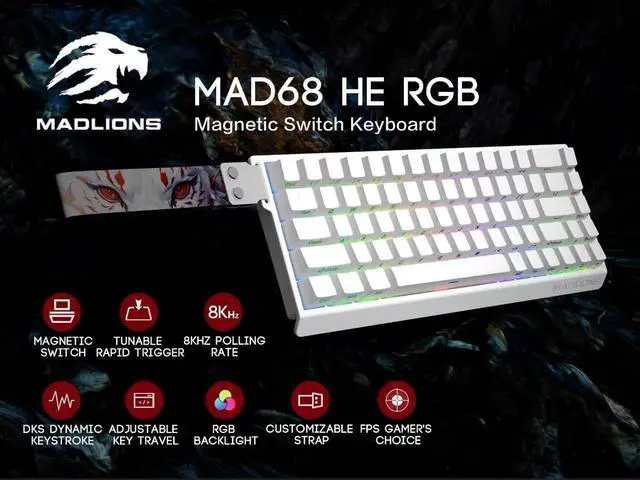 Alt view image 2 of 7 - MADLIONS MAD68 HE Rapid Trigger Magnetic Switch Gaming Keyboard,65% RGB Adjustable Actuation Hall Effect Hyper-Fast 8K Polling Rate PBT Keycaps Hot Swap Mechanical Keyboard for PC/Mac Gamer(White)