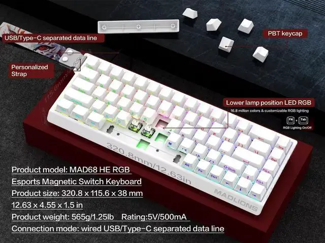 Alt view image 4 of 7 - MADLIONS MAD68 HE Rapid Trigger Magnetic Switch Gaming Keyboard,65% RGB Adjustable Actuation Hall Effect Hyper-Fast 8K Polling Rate PBT Keycaps Hot Swap Mechanical Keyboard for PC/Mac Gamer(White)