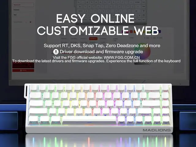 Alt view image 6 of 7 - MADLIONS MAD68 HE Rapid Trigger Magnetic Switch Gaming Keyboard,65% RGB Adjustable Actuation Hall Effect Hyper-Fast 8K Polling Rate PBT Keycaps Hot Swap Mechanical Keyboard for PC/Mac Gamer(White)