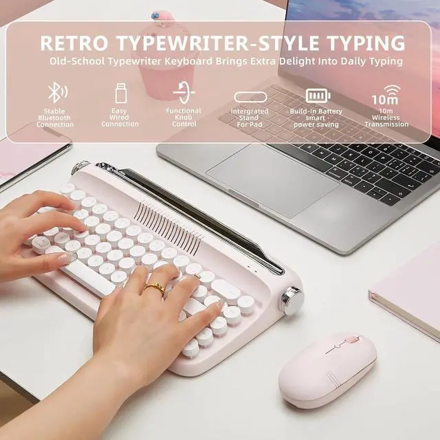 Alt view image 2 of 7 - YUNZII Upgraded Wireless Typewriter Keyboard, Retro Keyboard with Integrated Stand, USB-C/Bluetooth Keyboard with Cute Round Keycaps for Multi Device for Win/Mac (B307, Baby Pink)