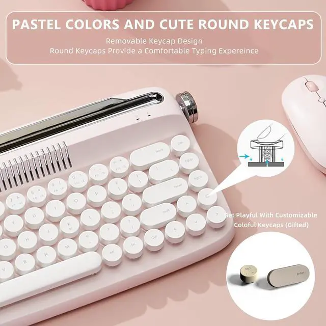 Alt view image 6 of 7 - YUNZII Upgraded Wireless Typewriter Keyboard, Retro Keyboard with Integrated Stand, USB-C/Bluetooth Keyboard with Cute Round Keycaps for Multi Device for Win/Mac (B307, Baby Pink)