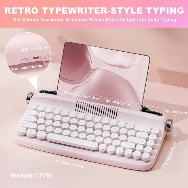 Alt view image 7 of 7 - YUNZII Upgraded Wireless Typewriter Keyboard, Retro Keyboard with Integrated Stand, USB-C/Bluetooth Keyboard with Cute Round Keycaps for Multi Device for Win/Mac (B307, Baby Pink)