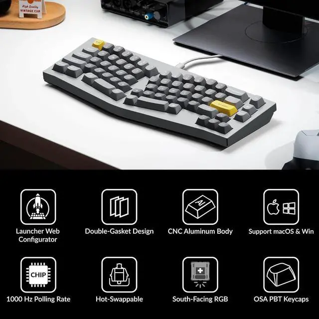 Alt view image 2 of 7 - Keychron Q8 65% Ergonomic Wired Mechanical Keyboard - Hot-Swappable Gateron G Pro Brown Switch, Double Gasket Design, RGB - PBT Keycaps & Aluminum Frame for Mac/Windows/Linux (Grey)