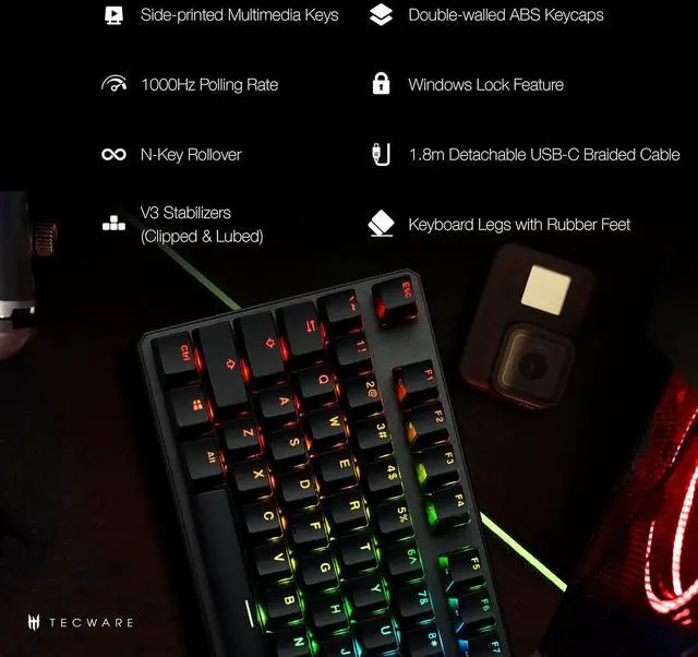 Alt view image 4 of 7 - TECWARE Phantom+ 87 Key Mechanical Gaming Keyboard, RGB led, TKL 75% Keyboard, Thocky Sounding, Wraith Red Switch