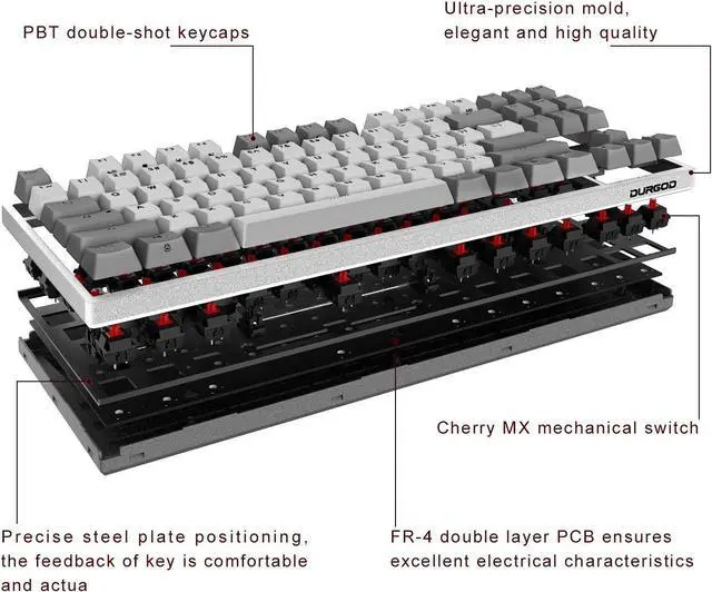 Alt view image 4 of 7 - DURGOD Taurus K320 TKL Mechanical Gaming Keyboard - 87 Key - Cherry MX Red - Double Shot PBT - NKRO - USB Type C, White, ANSI