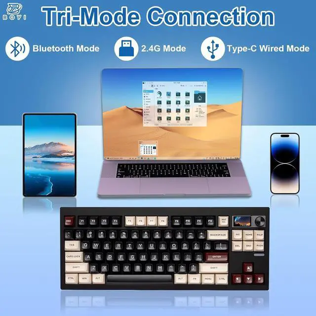 Alt view image 3 of 7 - BOYI GMK87 Barebones Keyboard Kit,VIA Programable Gasket Mounted BT5.0/2.4GHz/Type-C Wired Hot-Swap RGB Custom DIY Mechanical Keyboard with TFT Screen&Knob(Black)