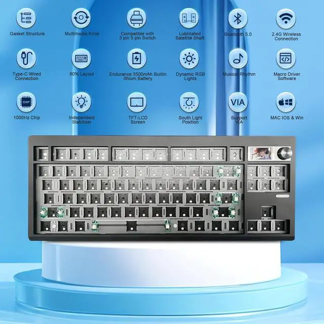 Alt view image 5 of 7 - BOYI GMK87 Barebones Keyboard Kit,VIA Programable Gasket Mounted BT5.0/2.4GHz/Type-C Wired Hot-Swap RGB Custom DIY Mechanical Keyboard with TFT Screen&Knob(Black)