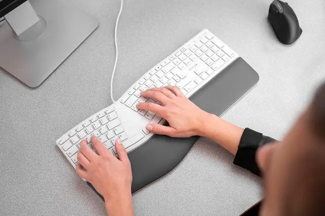 Alt view image 3 of 6 - CHERRY KC 4500 Ergo, Ergonomic Keyboard, German Layout (QWERTZ), Wired, Wrist Rest with Memory Foam, Curved Keypad, White/Grey