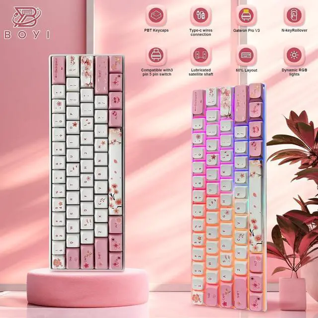 Alt view image 7 of 7 - BOYI Wired 60% Mechanical Gaming Keyboard,Mini RGB Cherry MX Switch PBT Keycaps NKRO Programmable Type-C Keyboard for Gaming and Working (Cherry Blossom,Gateron G Pro 3.0 Yellow Switch)