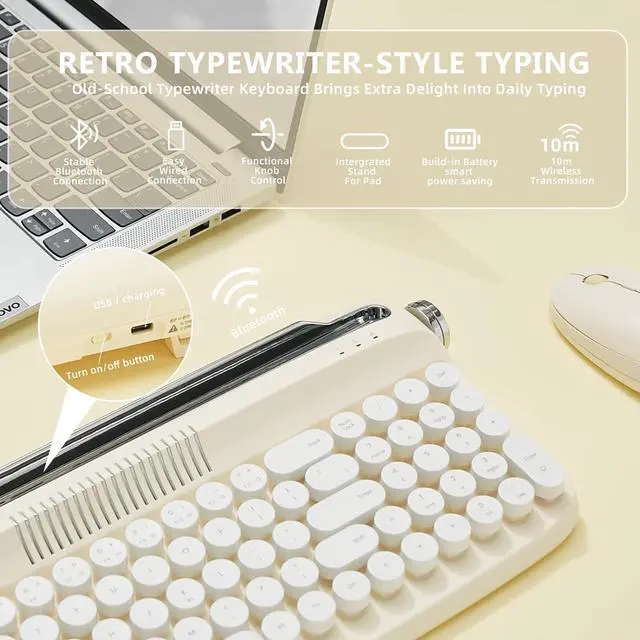 Alt view image 2 of 7 - YUNZII Upgraded Wireless Typewriter Keyboard, Retro Keyboard with Integrated Stand, USB-C/Bluetooth Keyboard with Cute Round Keycaps for Multi Device for Win/Mac (B309, Ivory Butter)