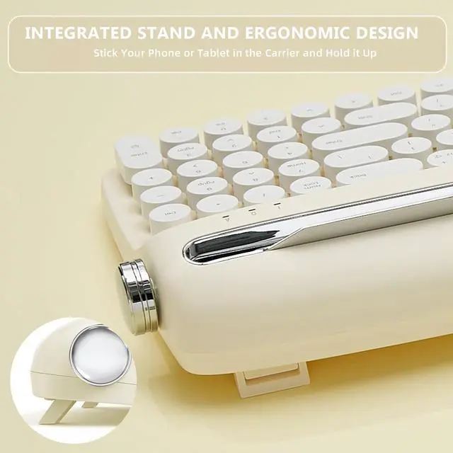 Alt view image 4 of 7 - YUNZII Upgraded Wireless Typewriter Keyboard, Retro Keyboard with Integrated Stand, USB-C/Bluetooth Keyboard with Cute Round Keycaps for Multi Device for Win/Mac (B309, Ivory Butter)