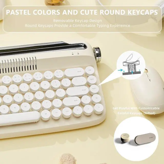 Alt view image 4 of 7 - YUNZII Upgraded Wireless Typewriter Keyboard, Retro Keyboard with Integrated Stand, USB-C/Bluetooth Keyboard with Cute Round Keycaps for Multi Device for Win/Mac (B307, Ivory Butter)