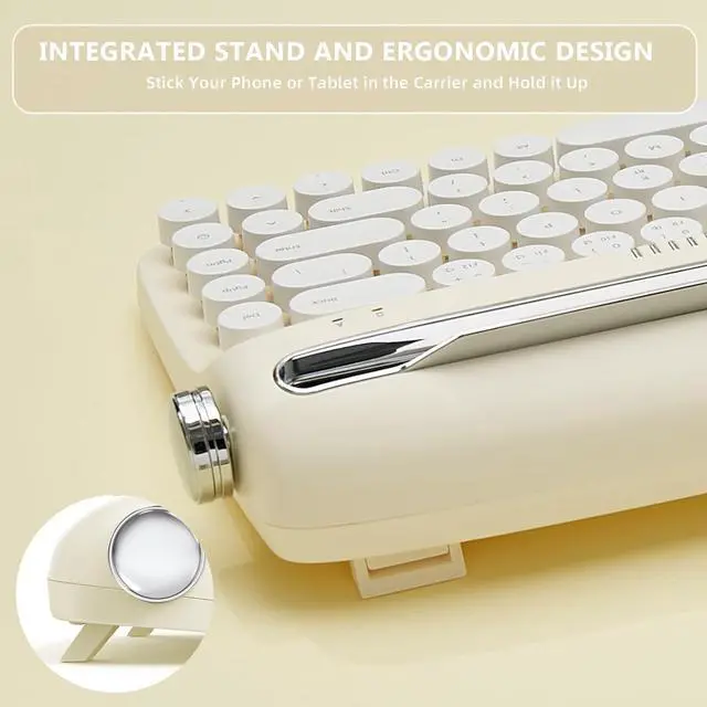 Alt view image 5 of 7 - YUNZII Upgraded Wireless Typewriter Keyboard, Retro Keyboard with Integrated Stand, USB-C/Bluetooth Keyboard with Cute Round Keycaps for Multi Device for Win/Mac (B307, Ivory Butter)