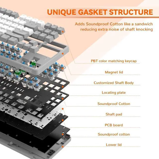 Alt view image 5 of 6 - Magic-Refiner AK873 Gaming Keyboard,Chroma RGB Backlit,Hot-Swappable Linear Red Switch,PBT Keycap,75% TKL Layout,Ergonomic Mechanical Keyboard with Custom Coiled USB/Type-C Aviation Cable(Orange Gray)