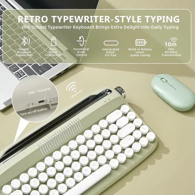 Alt view image 2 of 7 - YUNZII Upgraded Wireless Typewriter Keyboard, Retro Keyboard with Integrated Stand, USB-C/Bluetooth Keyboard with Cute Round Keycaps for Multi Device for Win/Mac (B307, Sweet Mint)