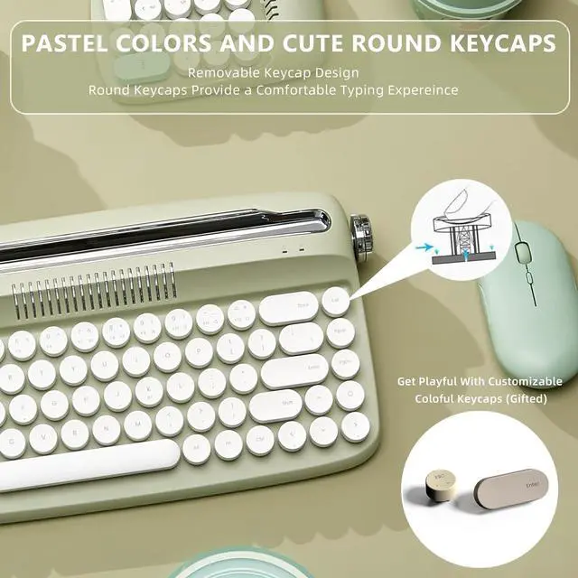 Alt view image 4 of 7 - YUNZII Upgraded Wireless Typewriter Keyboard, Retro Keyboard with Integrated Stand, USB-C/Bluetooth Keyboard with Cute Round Keycaps for Multi Device for Win/Mac (B307, Sweet Mint)