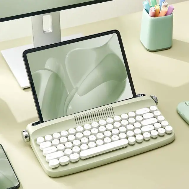 Alt view image 7 of 7 - YUNZII Upgraded Wireless Typewriter Keyboard, Retro Keyboard with Integrated Stand, USB-C/Bluetooth Keyboard with Cute Round Keycaps for Multi Device for Win/Mac (B307, Sweet Mint)