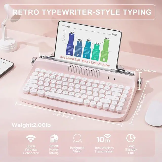 Alt view image 2 of 7 - YUNZII ACTTO B303 Wireless Keyboard, Retro Bluetooth Typewriter Keyboard with Integrated Stand for Multi-Device (English, Baby Pink)