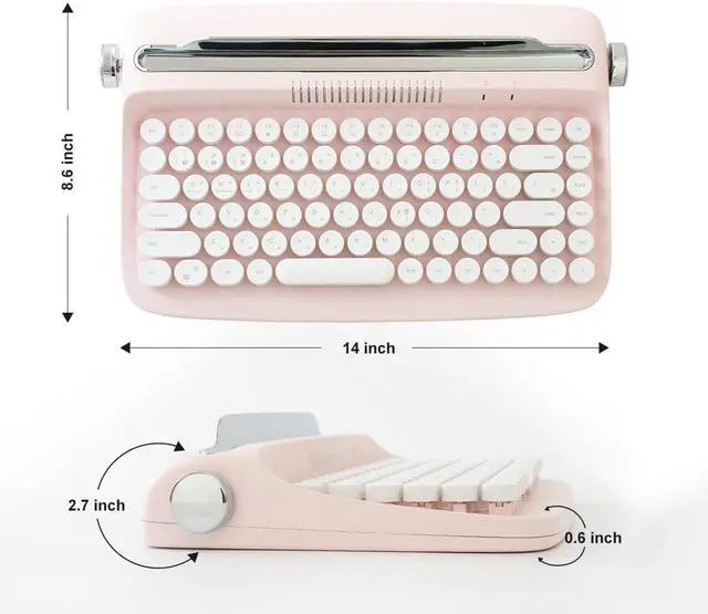 Alt view image 3 of 7 - YUNZII ACTTO B303 Wireless Keyboard, Retro Bluetooth Typewriter Keyboard with Integrated Stand for Multi-Device (English, Baby Pink)