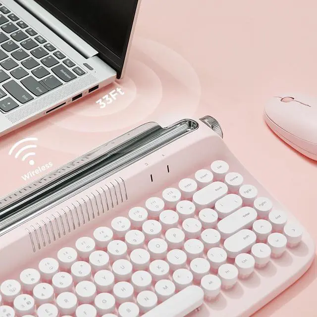 Alt view image 6 of 7 - YUNZII ACTTO B303 Wireless Keyboard, Retro Bluetooth Typewriter Keyboard with Integrated Stand for Multi-Device (English, Baby Pink)