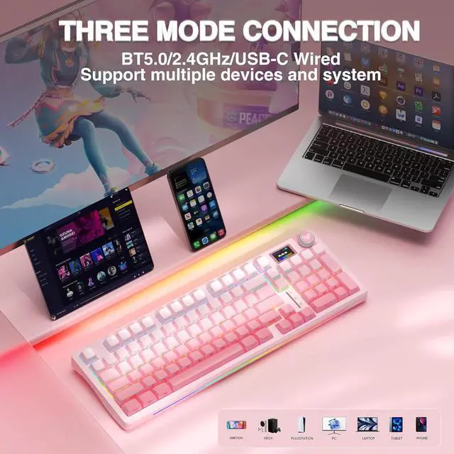 Alt view image 4 of 7 - AULA S98 Pro Wireless Mechanical Keyboard with Screen & Knob,2.4GHz/USB-C/BT5.0 Hot Swappable Pink Creamy Keyboard,Pre-lubed Linear Switches,Side Printed PBT Keycaps,RGB Backlit Gaming Keyboards