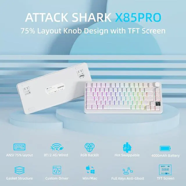 Alt view image 2 of 7 - MAGIC-REFINER Attack Shark X85PRO 75% Wireless Mechanical Keyboard,TFT Smart Display&Knob,BT/2.4GHz/Wired Custom Gaming Keyboard,Gasket,Hot-Swap,RGB,with Pro Cable&5 Color PBT Keycaps (White Contour)