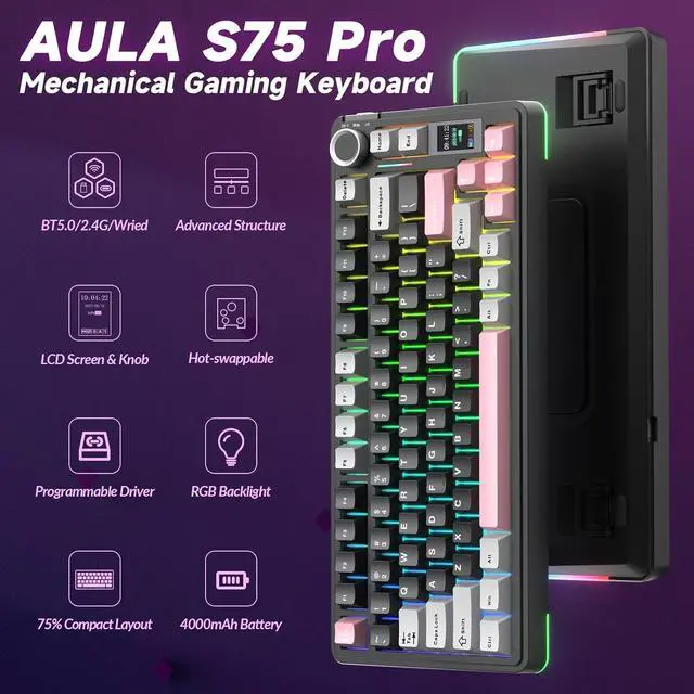 Alt view image 2 of 7 - AULA S75 PRO Wireless Mechanical Keyboard with Screen&Knob, 75% Hot Swappable Gaming Keyboard with Pre-lubed Switches, RGB Backlit, PBT Keycaps Creamy Sounding Pc Gaming Keyboards