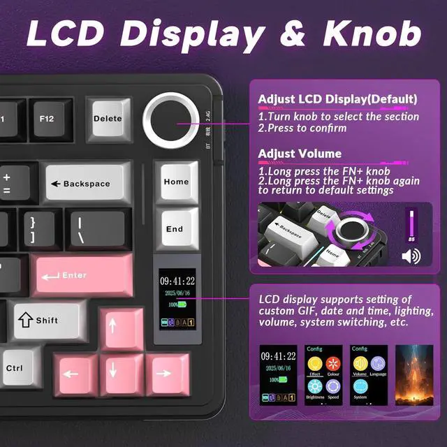 Alt view image 3 of 7 - AULA S75 PRO Wireless Mechanical Keyboard with Screen&Knob, 75% Hot Swappable Gaming Keyboard with Pre-lubed Switches, RGB Backlit, PBT Keycaps Creamy Sounding Pc Gaming Keyboards