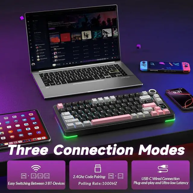 Alt view image 4 of 7 - AULA S75 PRO Wireless Mechanical Keyboard with Screen&Knob, 75% Hot Swappable Gaming Keyboard with Pre-lubed Switches, RGB Backlit, PBT Keycaps Creamy Sounding Pc Gaming Keyboards