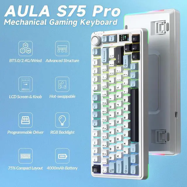 Alt view image 2 of 7 - AULA S75 PRO Wireless Mechanical Keyboard with Screen&Knob, 75% Hot Swappable Gaming Keyboard with Pre-lubed Switches, RGB Backlit, PBT Keycaps Creamy Sounding Pc Gaming Keyboards