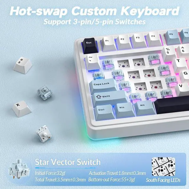Alt view image 5 of 7 - AULA S75 PRO Wireless Mechanical Keyboard with Screen&Knob, 75% Hot Swappable Gaming Keyboard with Pre-lubed Switches, RGB Backlit, PBT Keycaps Creamy Sounding Pc Gaming Keyboards
