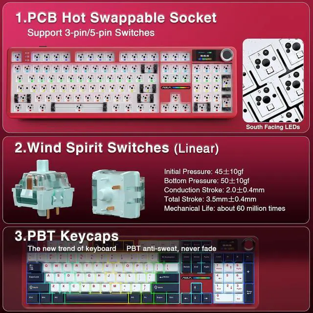 Alt view image 5 of 7 - AULA F108 PRO - Wireless Mechanical Keyboard with Screen and Knob, Hot Replaceable Gaming Keyboard with 8000mAh Battery, Past Switches, RGB Backlit, PBT Keys Creamy Sound