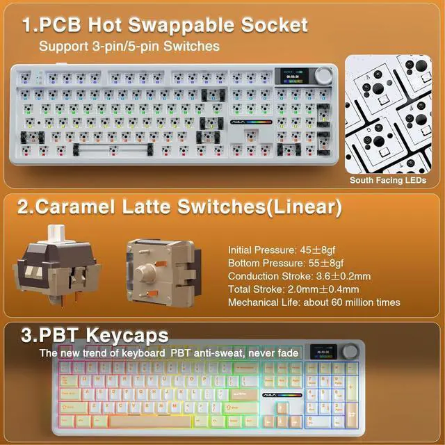 Alt view image 5 of 7 - AULA F108 PRO - Wireless Mechanical Keyboard with Screen&Knob,Hot Swappable Gaming Keyboard with 8000mAh Battery,Pre-lubed Switches,RGB Backlit,PBT Keycaps Creamy Sounding Computer Keyboards,104 Keys