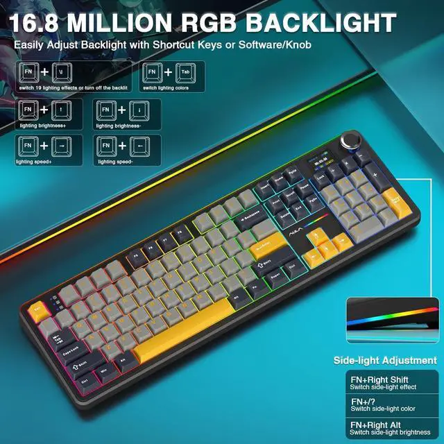 Alt view image 7 of 7 - AULA F108 PRO - Wireless Mechanical Keyboard with Screen&Knob,Hot Swappable Gaming Keyboard with 8000mAh Battery,Pre-lubed Switches,RGB Backlit,PBT Keycaps Creamy Sounding Computer Keyboards,104 Keys