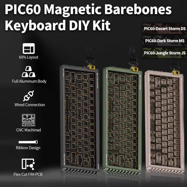 Alt view image 3 of 7 - BOYIxKEYSME GT60 Pro 60% Aluminum Keyboard Case,PIC60 61Keys Custom Full CNC Case Housing Gasket Mechanical Keyboard DIY Barebones Kit Compatible with Woot60HE/MADLIONS MAD 60(Jungle Storm JS)