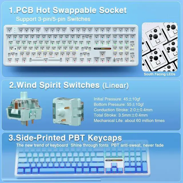 Alt view image 5 of 7 - AULA F108 Wireless Mechanical Keyboard, BT5.0/USB-C/2.4GHz Hot Swappable Custom Gaming Keyboards, PBT Keycaps, Pre-lubed Switches, RGB Backlit Full Size Creamy Keyboard with Number Pad, 108 Keys