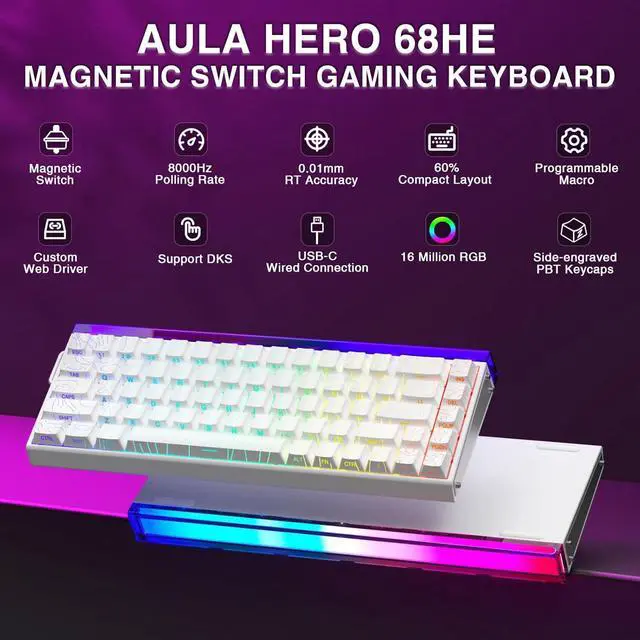Alt view image 2 of 7 - AULA Hero 68 HE 60% Gaming Keyboard Wired, Hall Effect Magnetic Switch Keyboard with 8K Hz Polling Rate, Side Printed PBT Keycaps, RGB Backlit Light Box, Customizable Web Software for PC/Mac Gamers