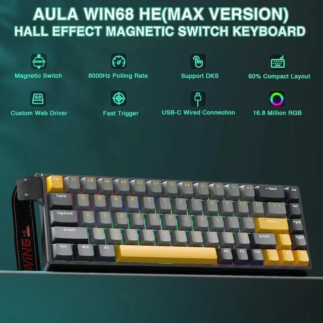 Alt view image 2 of 7 - AULA WIN68 HE MAX - Hall Effect Gaming Keyboard with Magnetic Switch, Adjustable Actuation Fast Trigger Mode, 8KHz Polling Rate, RGB Backlit Wired Mechanical Gaming Keyboard 60 Percent