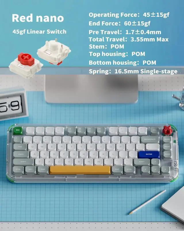 Alt view image 6 of 7 - NuPhy Kick75 Wireless Low Profile Mechanical Keyboard with Volume Knob,75% Hot Swappable Custom Keyboard,80 Keys RGB Backlit with PBT Keycaps,BT/2.4G/USB-C (Red Nano Swithc)