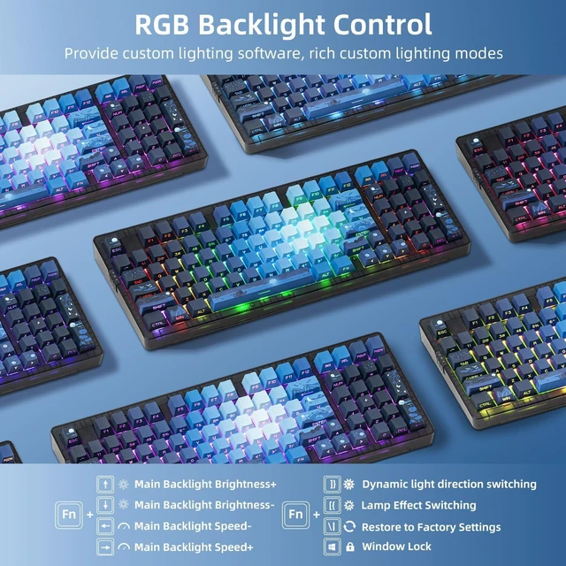 Alt view image 4 of 7 - Zornher Wireless Mechanical Keyboard, ZH980 95% Hot-Swappable, Backlit Side Printed PBT Keys, 2.4GHz/USB-C/BT for Win/Mac(Navy)