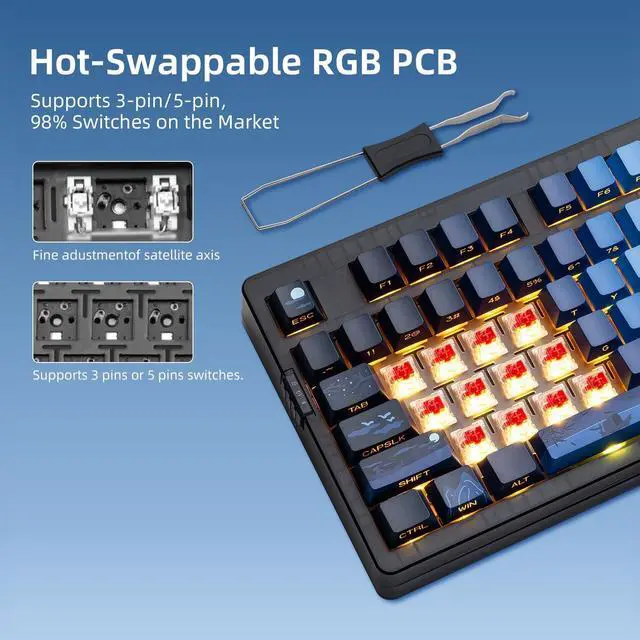 Alt view image 7 of 7 - Zornher Wireless Mechanical Keyboard, ZH980 95% Hot-Swappable, Backlit Side Printed PBT Keys, 2.4GHz/USB-C/BT for Win/Mac(Navy)
