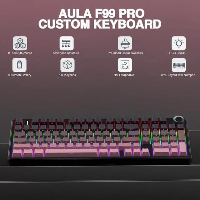 Alt view image 2 of 7 - AULA F99 Pro Wireless Mechanical Keyboard with Knob, Tri-Mode BT5.0/USB-C/2.4GHz Hot Swappable Keyboard, Loss Switch, RGB Backlit Gaming Keyboard